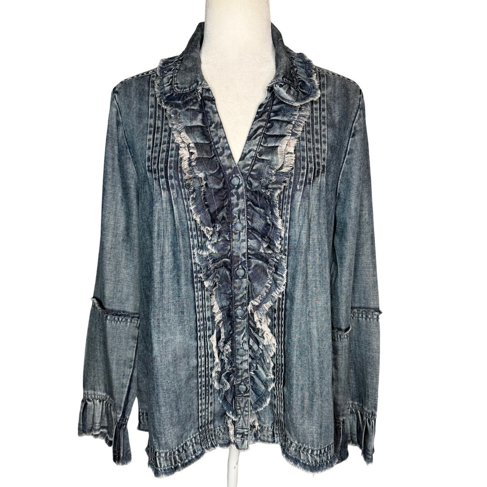 Ivy Jane Top‎ Small Ruffle Long Sleeve Button Front Blouse Chambray Denim Boho